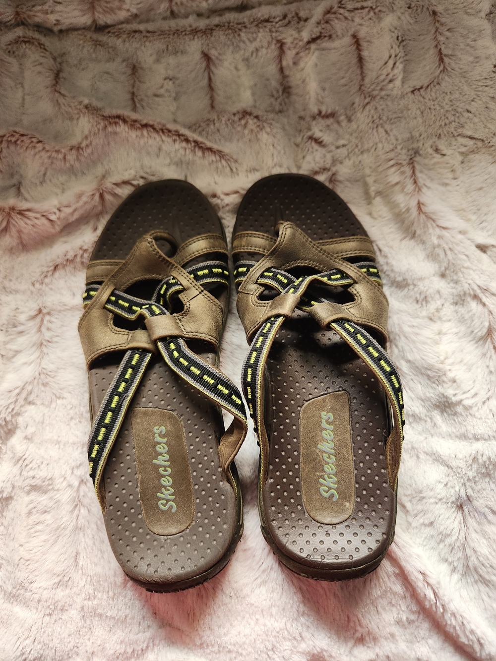 Skechers Brown Slip-On Strappy Sandals with Yellow-Accent Webbing